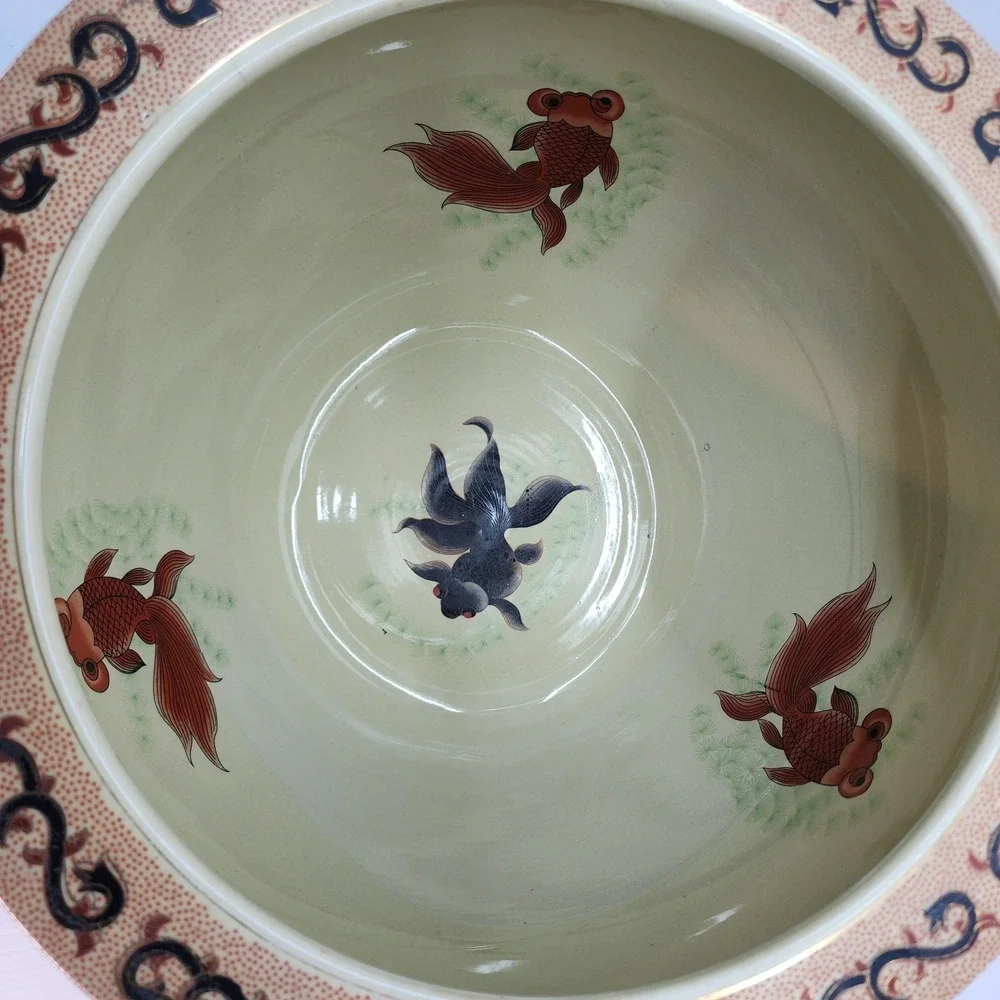 New England Pottery Imperial Fish Bowl 14" Ceramic Floral & Fish Pattern Round - Picture 4 of 6